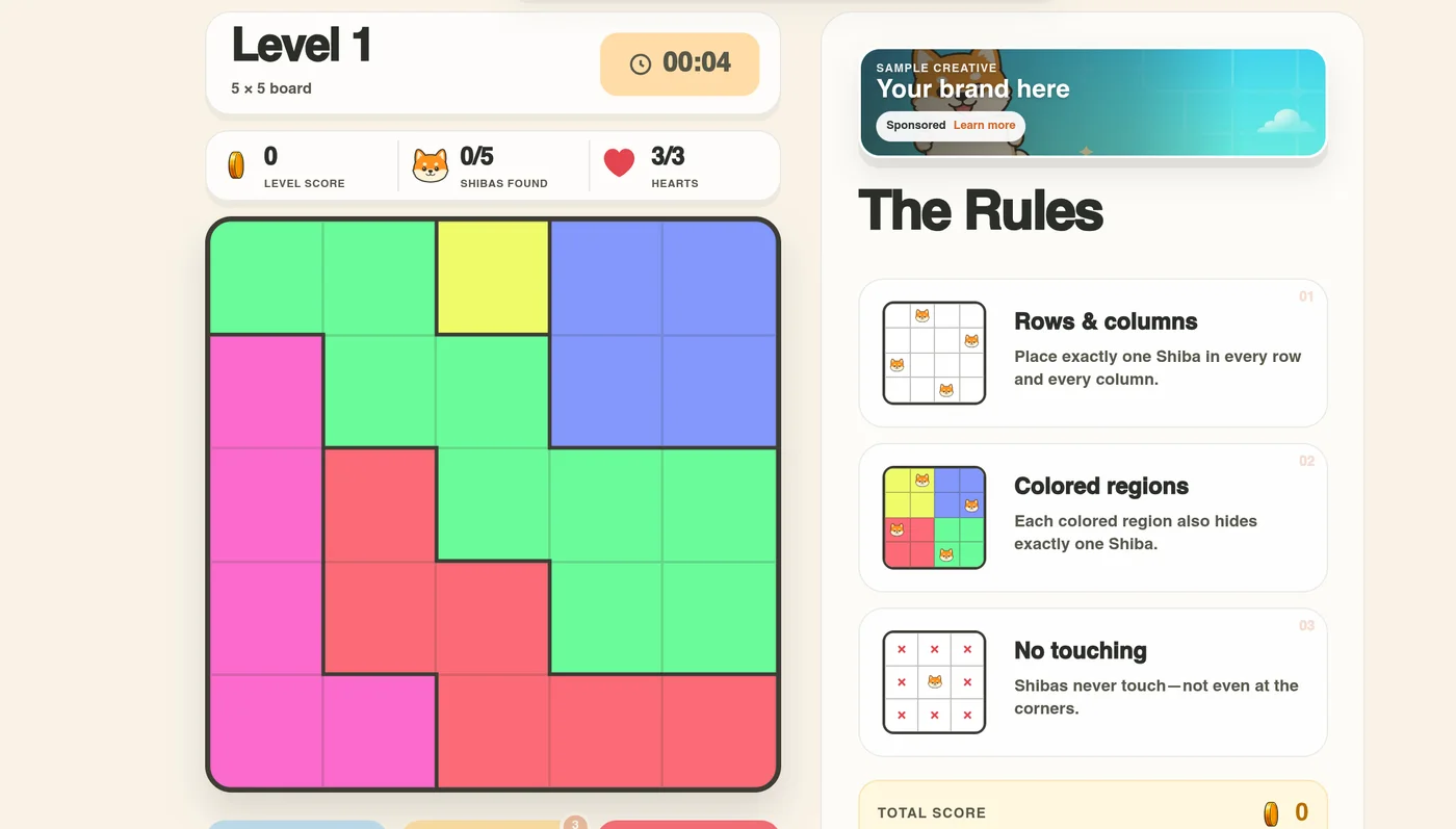 Sample banner sitting above The Rules, beside a live ShibaDoku puzzle